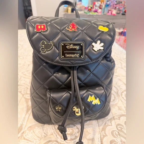 Loungefly Quilted Black Backpack with Disney Icons - Picture 1 of 4